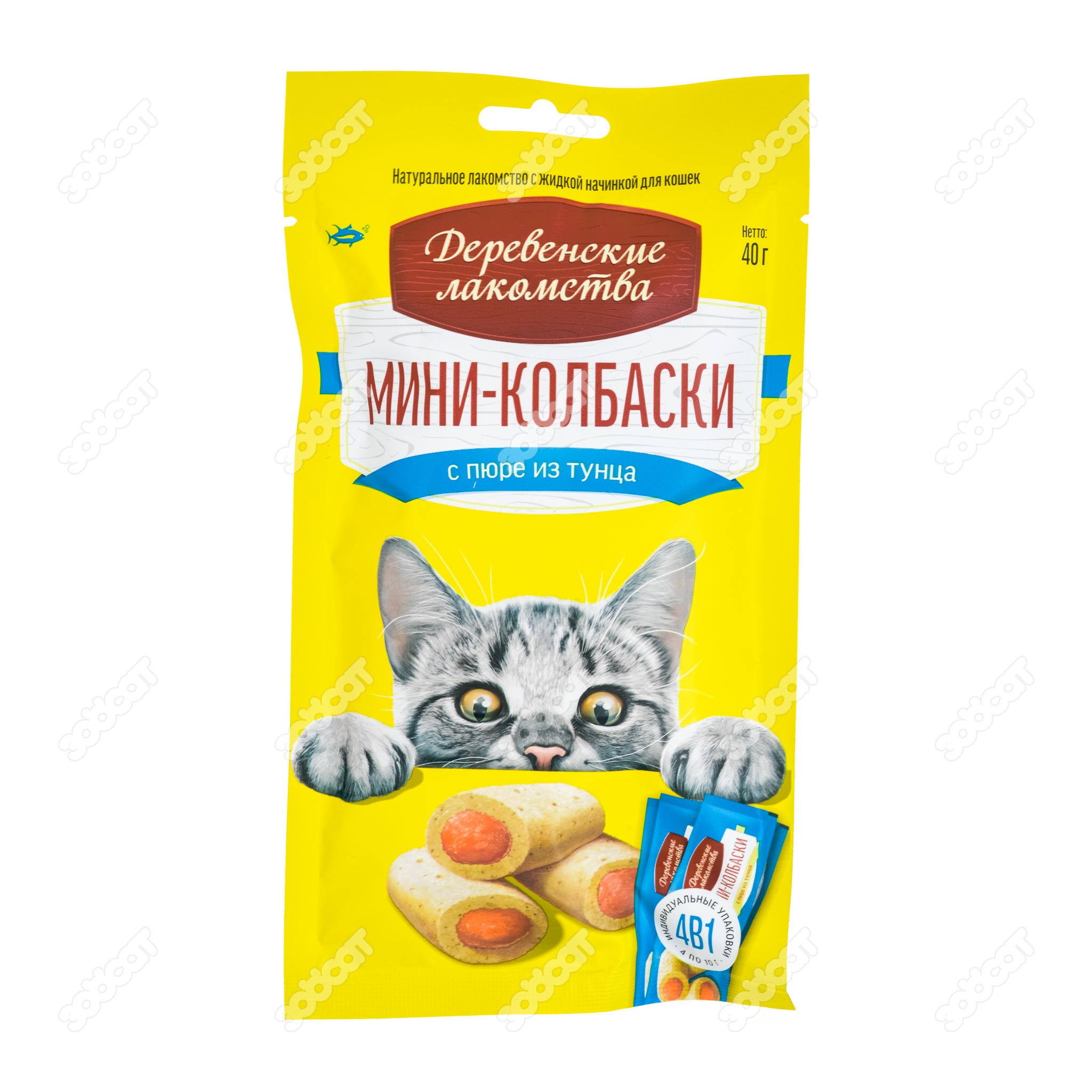 ДЕРЕВЕНСКИЕ ЛАКОМСТВА мини-колбаски для кошек (ПЮРЕ ИЗ ТУНЦА), 4 шт. по 10  г. купить в Новосибирске с доставкой в интернет-магазине ЗооСАТ