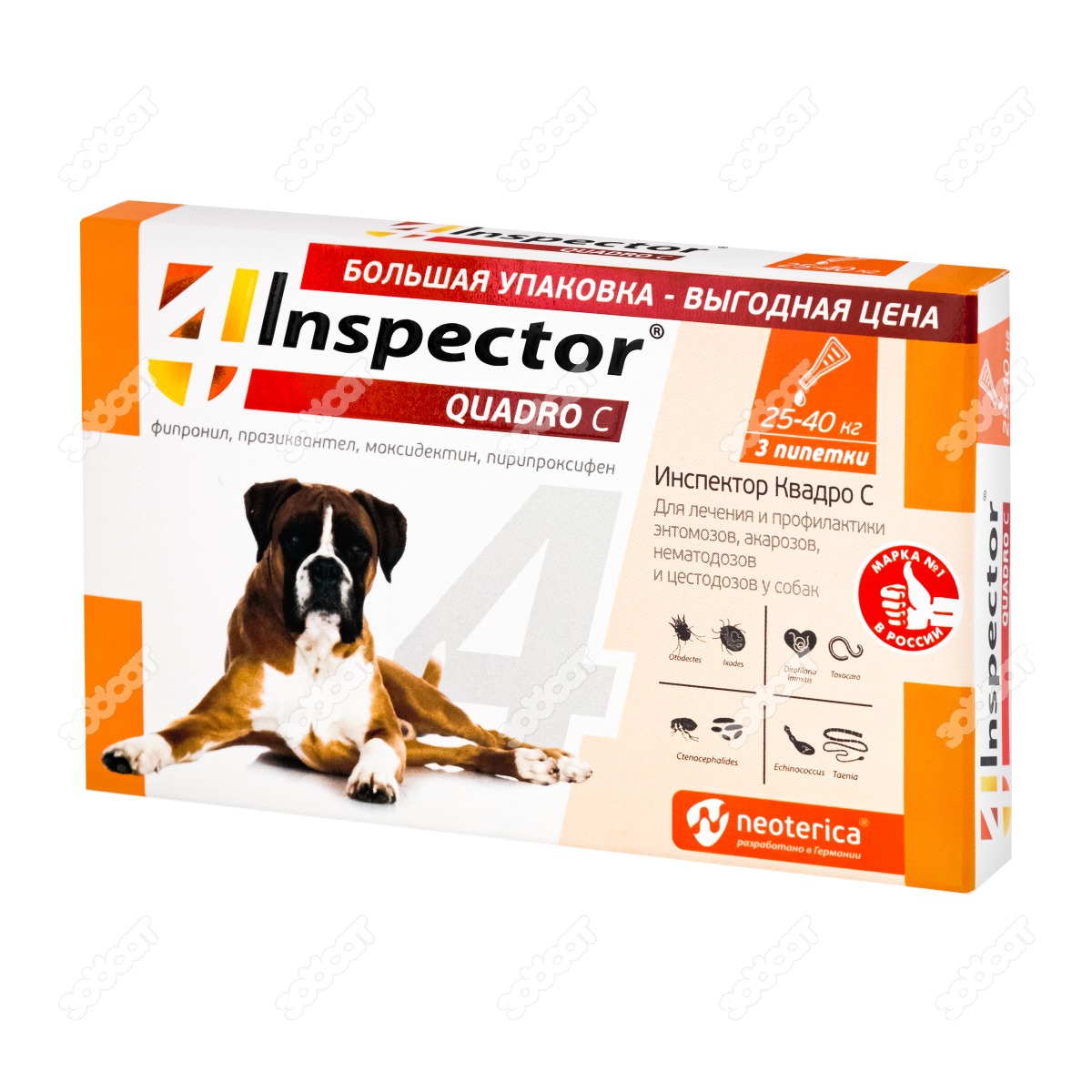 INSPECTOR QUADRO капли для собак 25 - 40 кг, 3 пипетки.