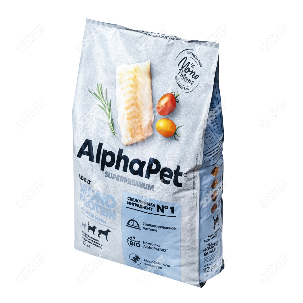 Корм сухой AlphaPet Superpremium MONOPROTEIN полнорационный из белой рыбы для взрослых собак средних и крупных пород 12 кг