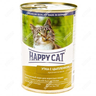 HAPPY CAT консервы для кошек (УТКА, ЦЫПЛЁНОК, ЖЕЛЕ). 400 г.