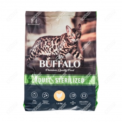 MR. BUFFALO STERILIZED для стерилизованных кошек и кастрированных котов, (КУРИЦА), 1,8 кг.