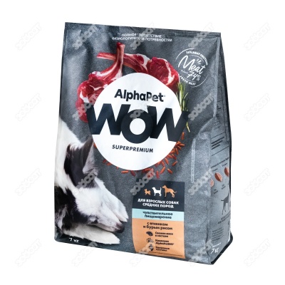 ALPHAPET WOW для собак средних пород с чувствительным пищеварением (ЯГНЕНОК, БУРЫЙ РИС), 7 кг