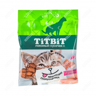 Лакомство Хрустящие подушечки для кошек с паштетом из лосося, 30 г. TITBIT.