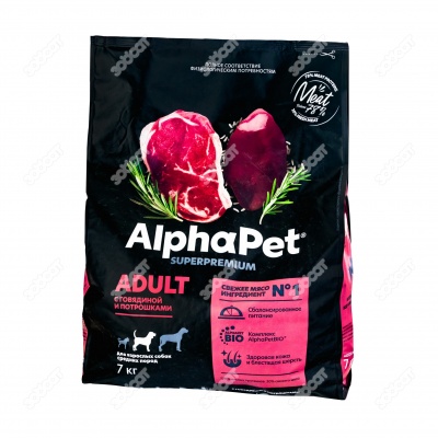 ALPHAPET для взрослых собак средних пород (ГОВЯДИНА, ПОТРОШКИ), 7 кг.