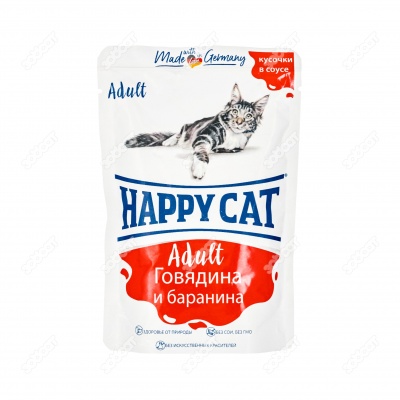 HAPPY CAT пауч для кошек (ГОВЯДИНА, БАРАНИНА, СОУС), 100 г