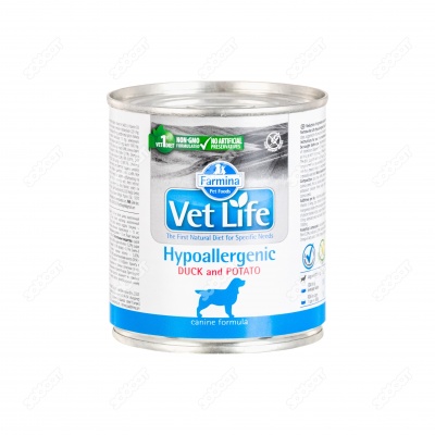 VET LIFE HYPOALLERGENIC паштет для собак (снижение пищевой непереносимости (УТКА, КАРТОФЕЛЬ), 300 г.