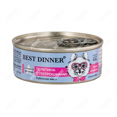 BEST DINNER VET PROFI консервы для собак и щенков с чувствительным пищеварением (ТЕЛЯТИНА, ПОТРОШКИ), 100 г.