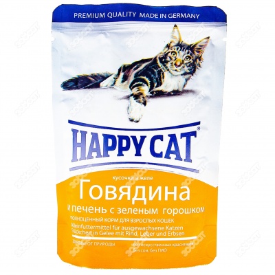 HAPPY CAT пауч для кошек (ГОВЯДИНА, ПЕЧЕНЬ, ГОРОШЕК, ЖЕЛЕ), 100 г.