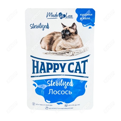 HAPPY CAT пауч для стерилизованных кошек кусочки в желе (ЛОСОСЬ), 100 г.