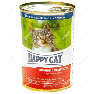 HAPPY CAT консервы для кошек (КРОЛИК, ИНДЕЙКА, СОУС), 400 г.